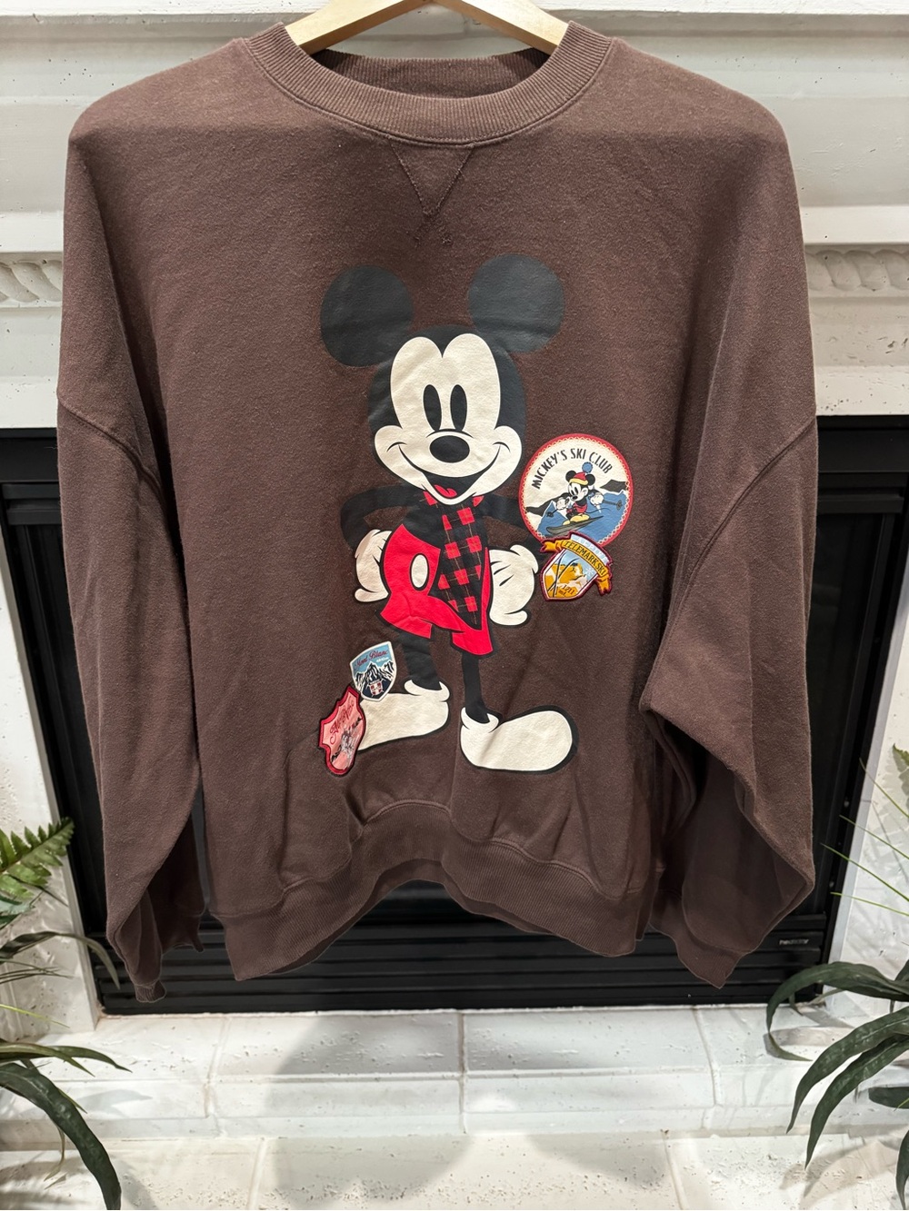 Disney Brown Mickey Mouse Graphic Crewneck with Red Accents